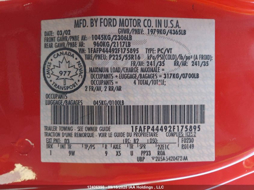 2002 Ford Mustang VIN: 1FAFP44492F175895 Lot: 12406998