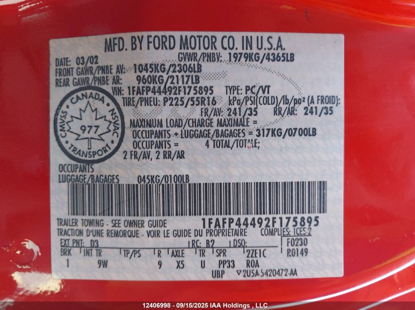 2002 Ford Mustang VIN: 1FAFP44492F175895 Lot: 12406998