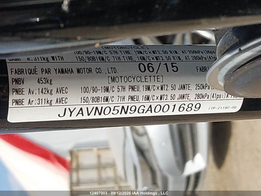 2016 Yamaha Xvs950 Cu/Cuc VIN: JYAVN05N9GA001689 Lot: 12407003