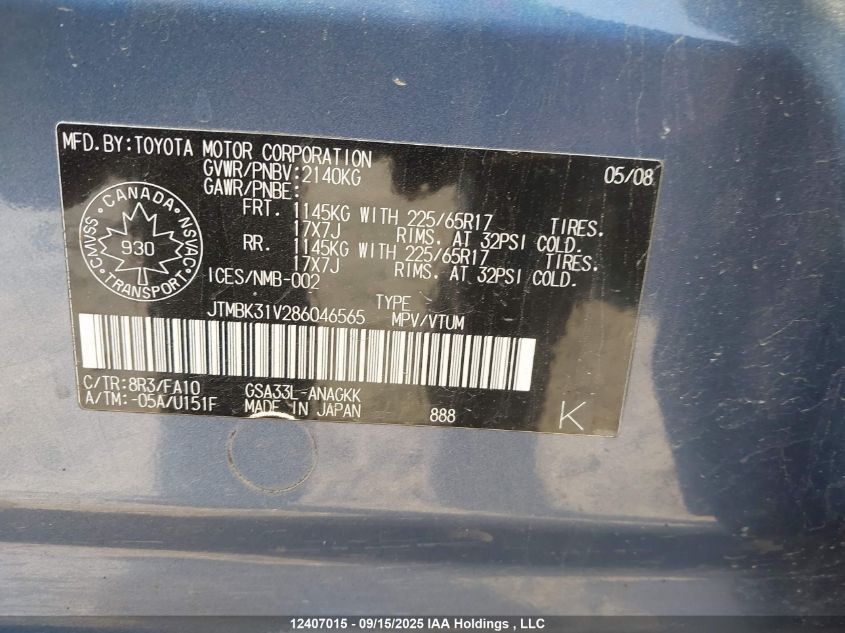 2008 Toyota Rav4 Limited VIN: JTMBK31V286046565 Lot: 12407015