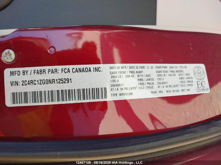 2022 Chrysler Grand Caravan Sxt VIN: 2C4RC1ZG0NR125291 Lot: 12407108