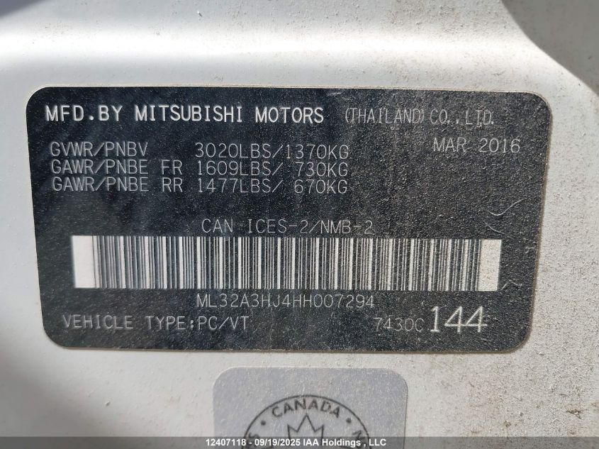 2017 Mitsubishi Mirage Es VIN: ML32A3HJ4HH007294 Lot: 12407118