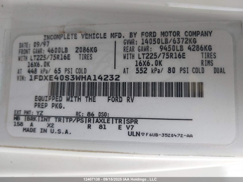 1998 Ford Econoline E450 Super Duty Cutwy Rv VIN: 1FDXE40S3WHA14232 Lot: 12407138