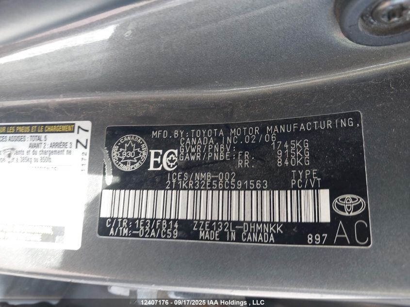 2006 Toyota Corolla Matrix Xr VIN: 2T1KR32E56C591563 Lot: 12407176