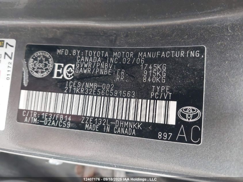 2006 Toyota Corolla Matrix Xr VIN: 2T1KR32E56C591563 Lot: 12407176