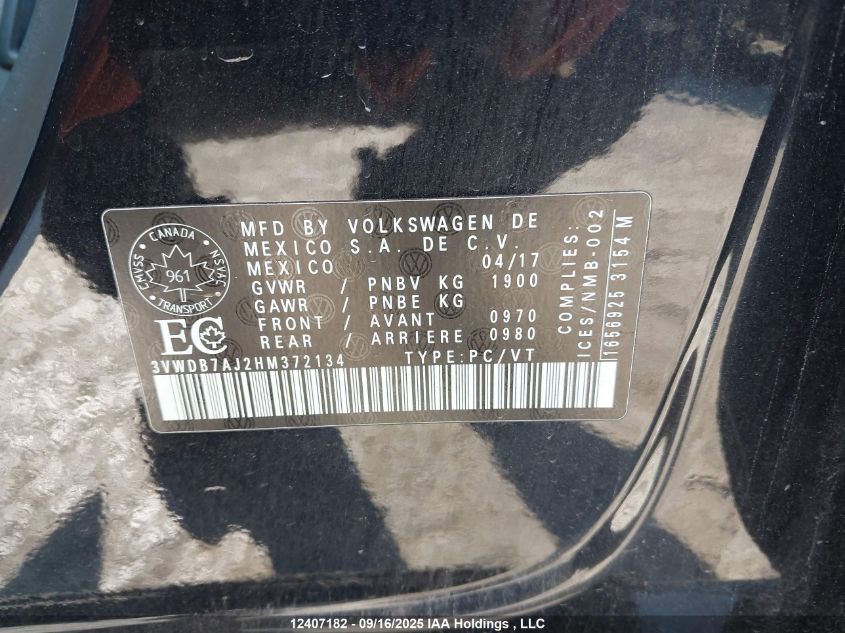 2017 Volkswagen Jetta Se VIN: 3VWDB7AJ2HM372134 Lot: 12407182