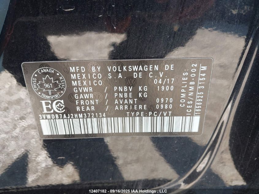 2017 Volkswagen Jetta Se VIN: 3VWDB7AJ2HM372134 Lot: 12407182