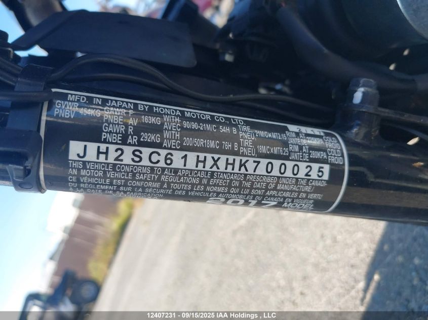 2017 Honda Vt1300 Cxa VIN: JH2SC61HXHK700025 Lot: 12407231