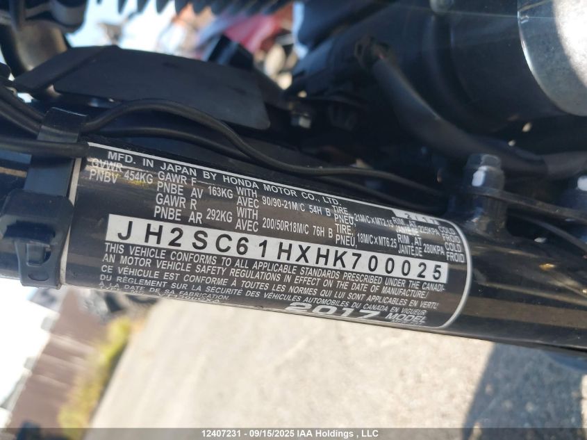 2017 Honda Vt1300 Cxa VIN: JH2SC61HXHK700025 Lot: 12407231