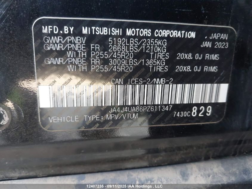 2023 Mitsubishi Outlander Awd VIN: JA4J4UA86PZ611347 Lot: 12407235