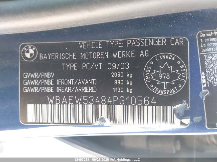 2004 BMW 330 Xi VIN: WBAEW53484PG10564 Lot: 12407238