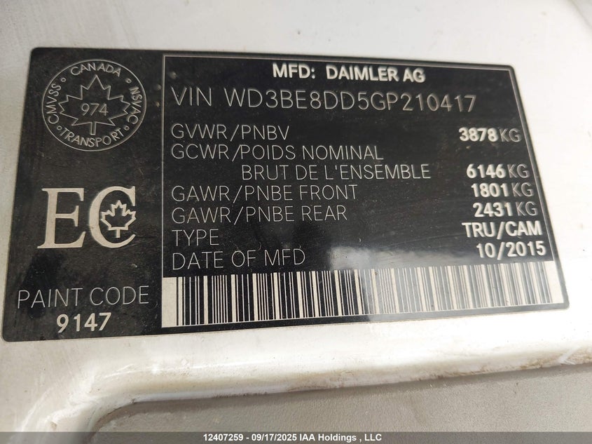 2016 Mercedes-Benz Sprinter 2500 High Roof VIN: WD3BE8DD5GP210417 Lot: 12407259