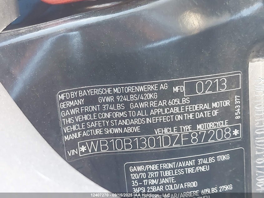 2013 BMW F800 Gt VIN: WB10B1301DZF87208 Lot: 12407270