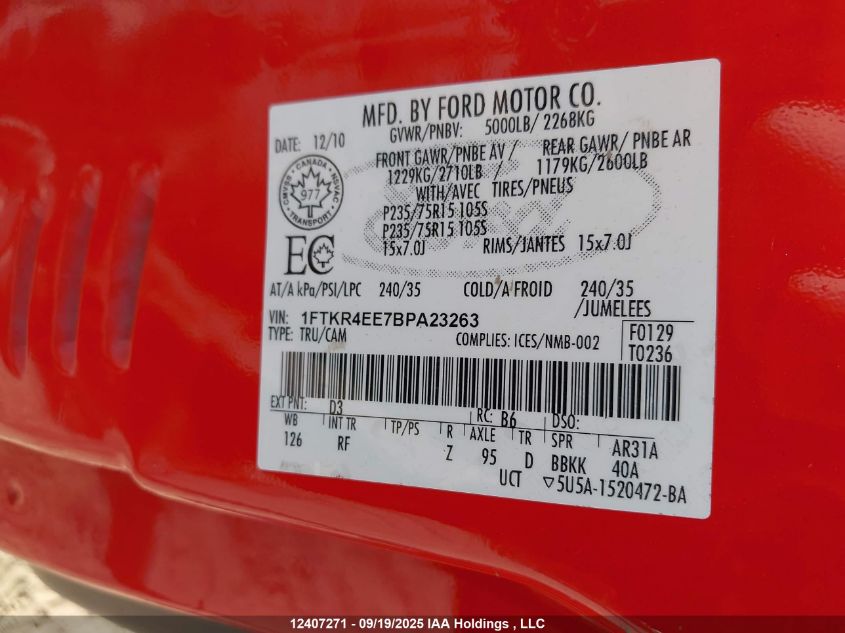 2011 Ford Ranger Super Cab VIN: 1FTKR4EE7BPA23263 Lot: 12407271