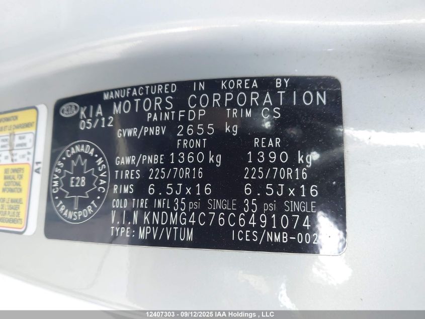 2012 Kia Sedona Lx/Lx Convenience VIN: KNDMG4C76C6491074 Lot: 12407303