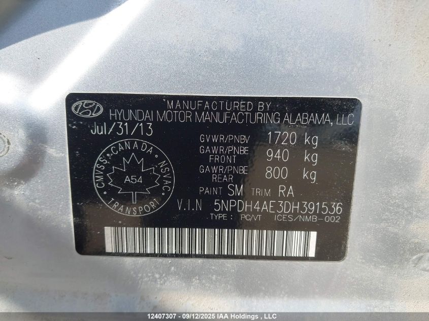 2013 Hyundai Elantra Gls/Limited VIN: 5NPDH4AE3DH391536 Lot: 12407307