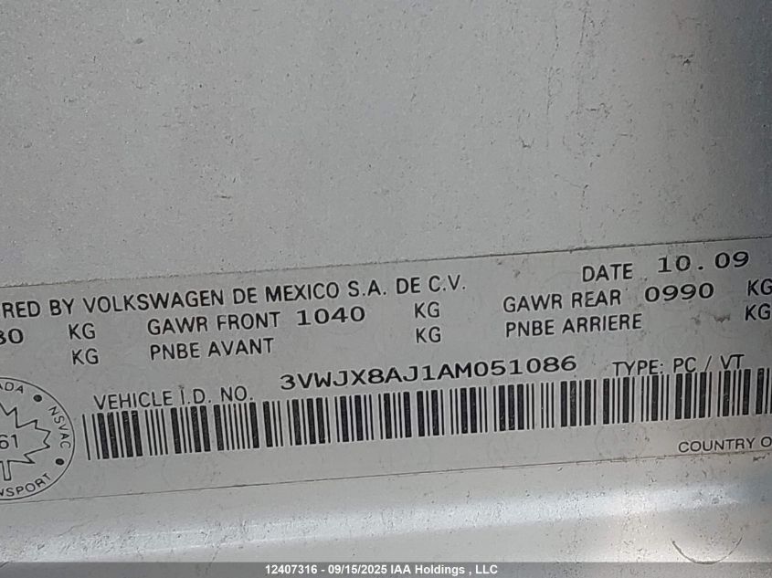 2010 Volkswagen Jetta S VIN: 3VWJX8AJ1AM051086 Lot: 12407316