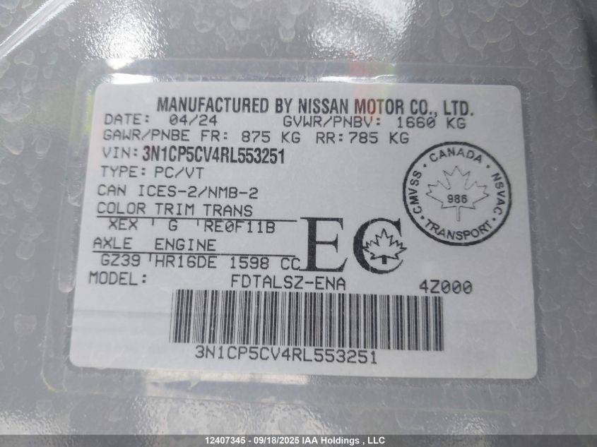 2024 Nissan Kicks Sv VIN: 3N1CP5CV4RL553251 Lot: 12407345