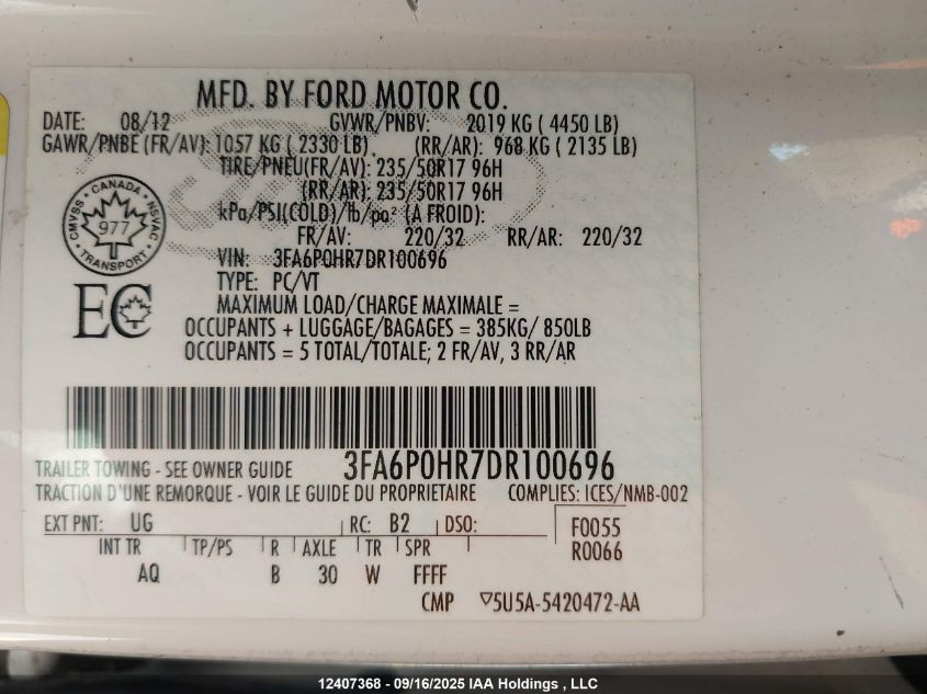 2013 Ford Fusion VIN: 3FA6P0HR7DR100696 Lot: 12407368