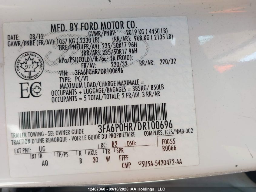 2013 Ford Fusion VIN: 3FA6P0HR7DR100696 Lot: 12407368