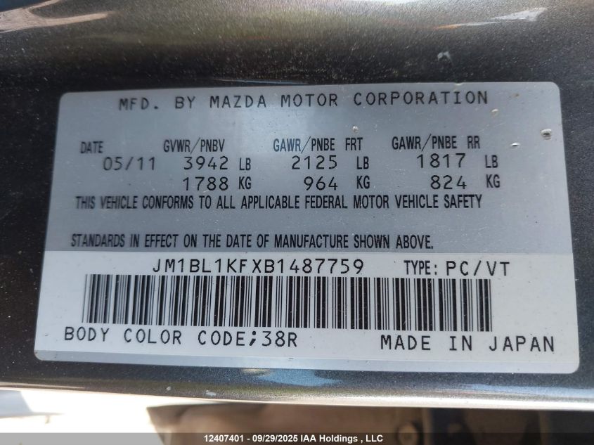 2011 Mazda Mazda3 Gx VIN: JM1BL1KFXB1487759 Lot: 12407401