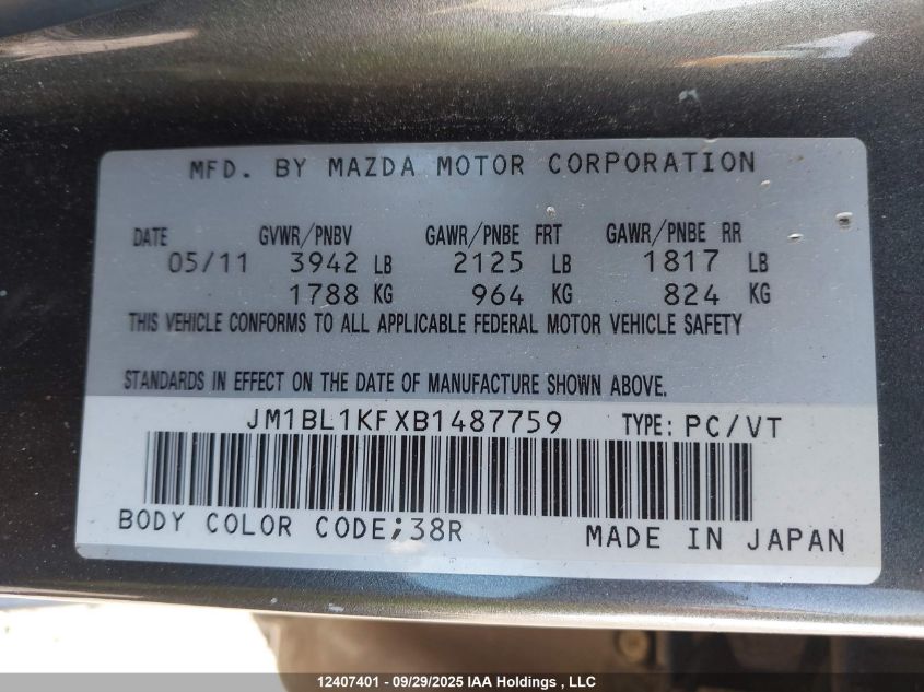 2011 Mazda Mazda3 Gx VIN: JM1BL1KFXB1487759 Lot: 12407401