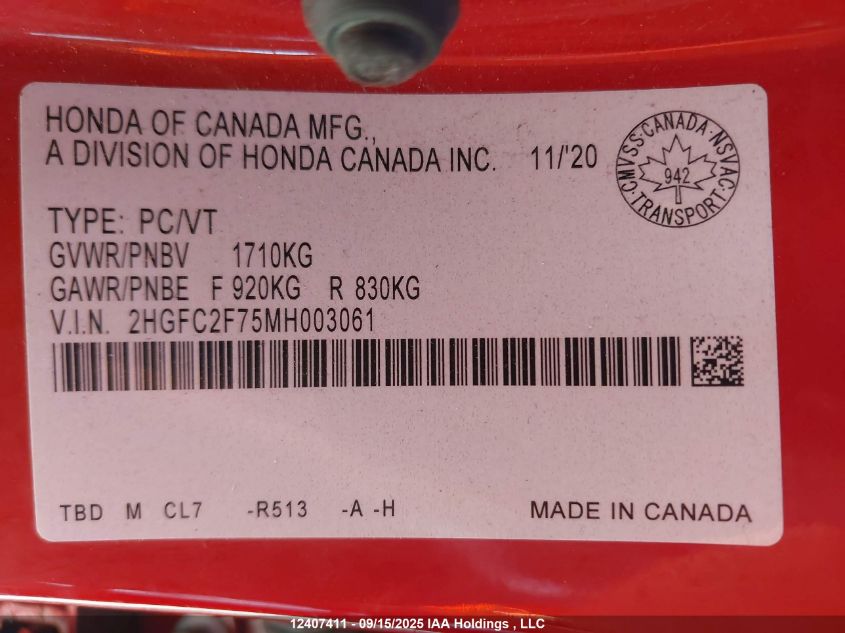 2021 Honda Civic Ex VIN: 2HGFC2F75MH003061 Lot: 12407411