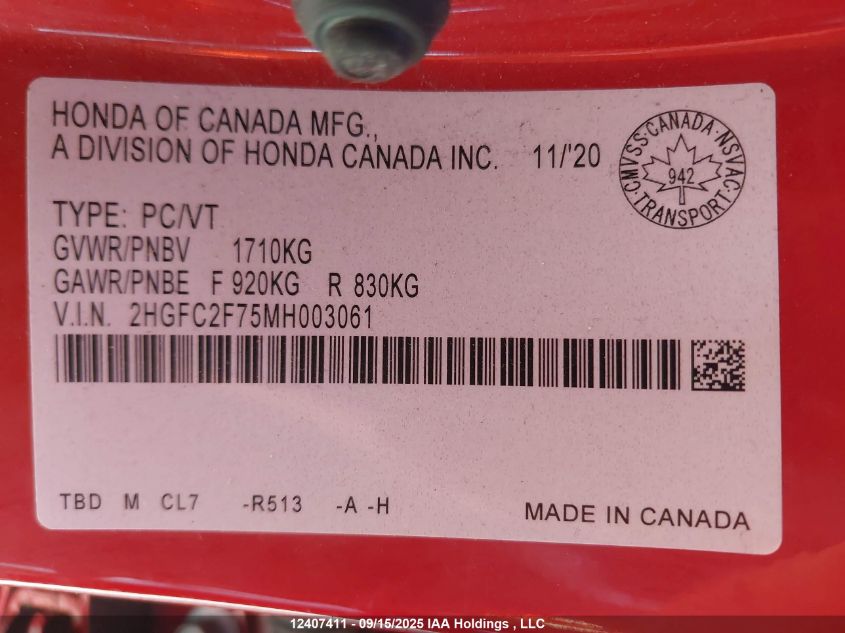 2021 Honda Civic Ex VIN: 2HGFC2F75MH003061 Lot: 12407411