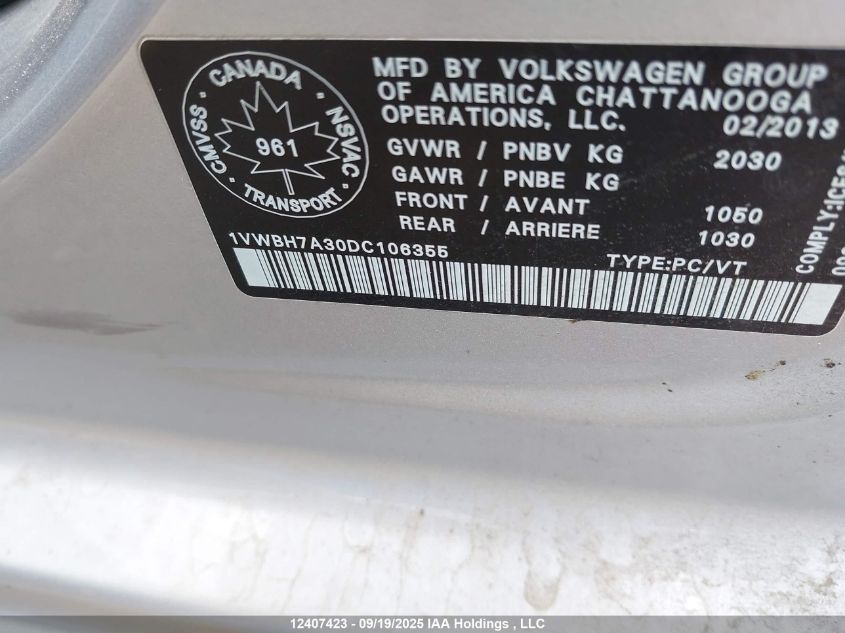 2013 Volkswagen Passat Se VIN: 1VWBH7A30DC106355 Lot: 12407423