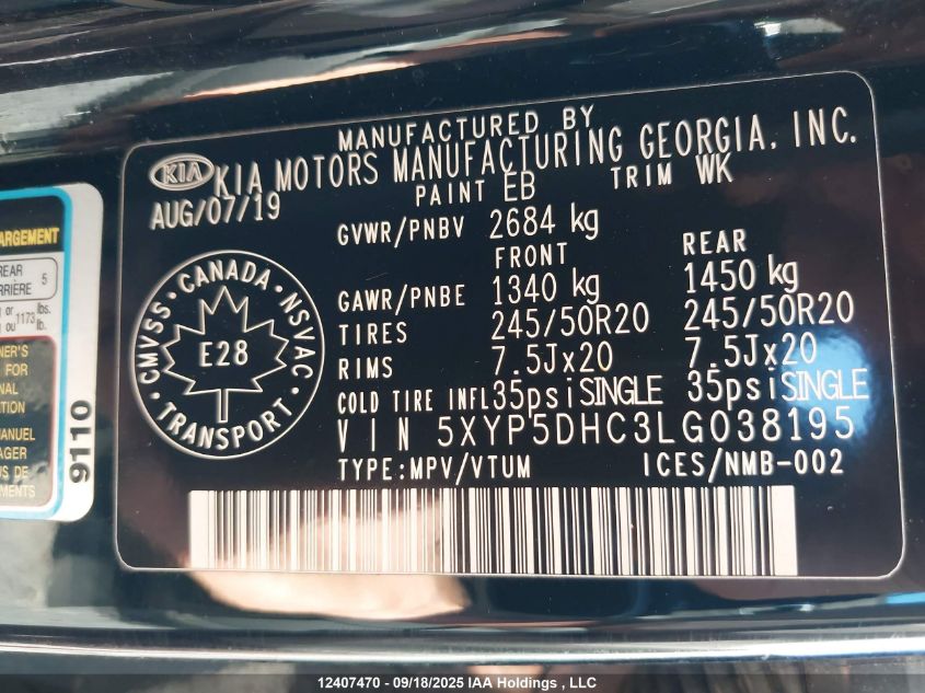 2020 Kia Telluride Sx VIN: 5XYP5DHC3LG038195 Lot: 12407470