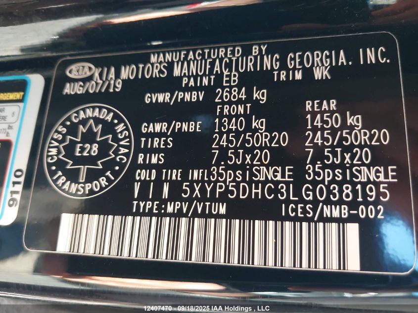 2020 Kia Telluride Sx VIN: 5XYP5DHC3LG038195 Lot: 12407470