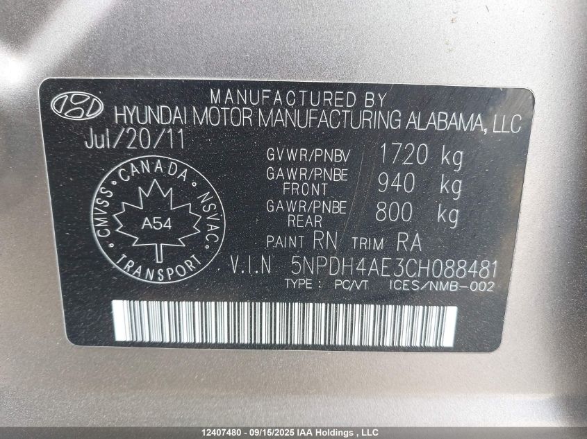 2012 Hyundai Elantra Gls/Limited VIN: 5NPDH4AE3CH088481 Lot: 12407480