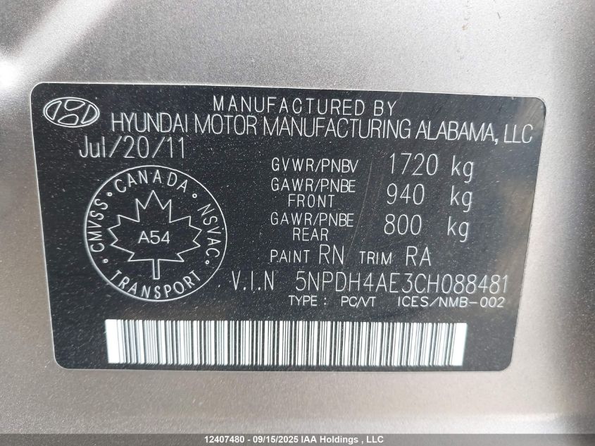 2012 Hyundai Elantra Gls/Limited VIN: 5NPDH4AE3CH088481 Lot: 12407480