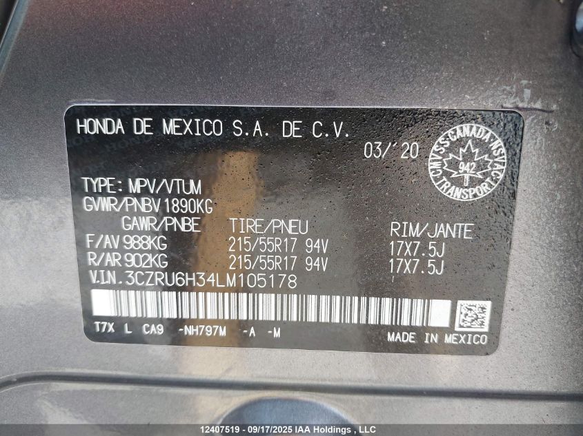 2020 Honda Hr-V Lx VIN: 3CZRU6H34LM105178 Lot: 12407519