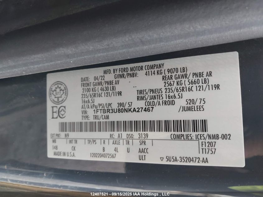 2022 Ford Transit T-250 VIN: 1FTBR3U80NKA27467 Lot: 12407521