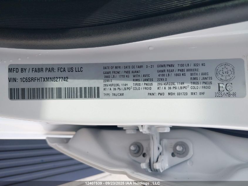 2021 Ram 1500 Limited VIN: 1C6SRFHTXMN627742 Lot: 12407539