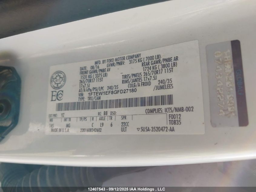2016 Ford F150 Supercrew VIN: 1FTEW1EF8GFD27180 Lot: 12407543