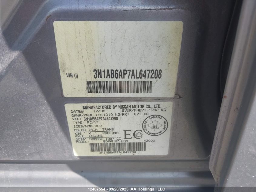 2010 Nissan Sentra VIN: 3N1AB6AP7AL647208 Lot: 12407554