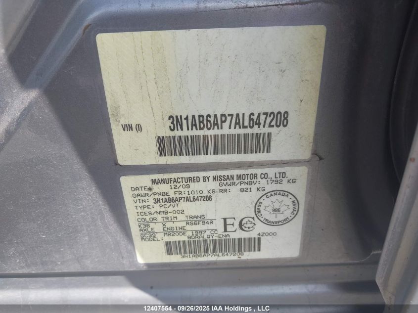 2010 Nissan Sentra VIN: 3N1AB6AP7AL647208 Lot: 12407554