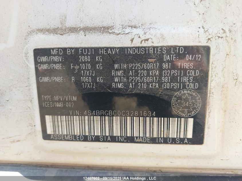 2012 Subaru Outback 2.5I Premium VIN: 4S4BRGBC0C3281634 Lot: 12407602