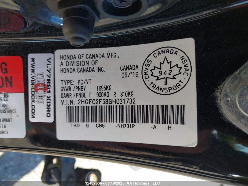 2016 Honda Civic Lx VIN: 2HGFC2F58GH031732 Lot: 12407636