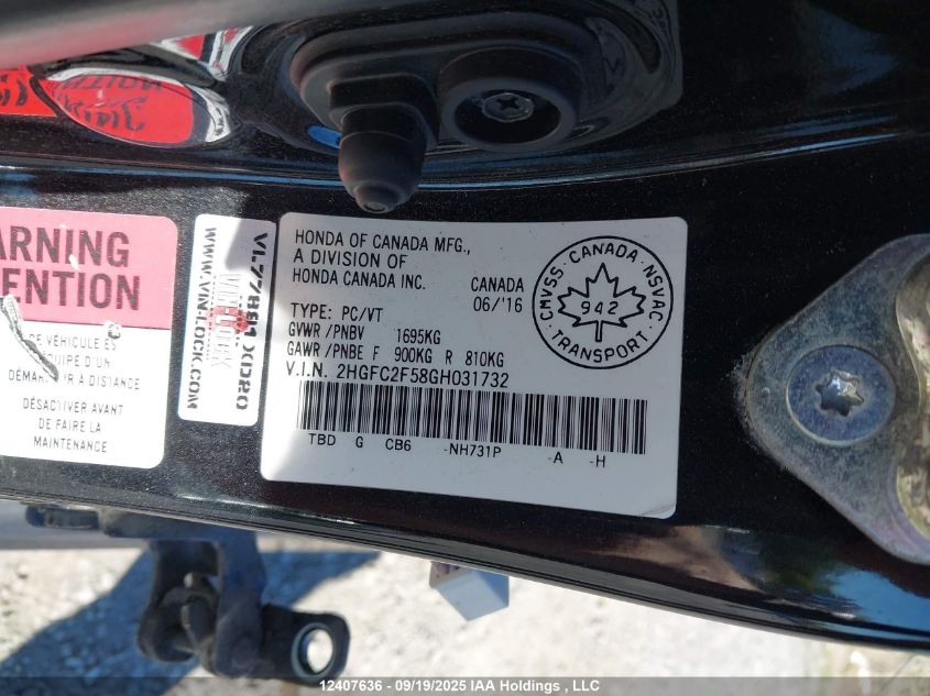 2016 Honda Civic Lx VIN: 2HGFC2F58GH031732 Lot: 12407636