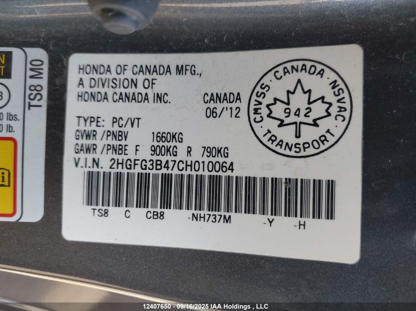 2012 Honda Civic Lx VIN: 2HGFG3B47CH010064 Lot: 12407650