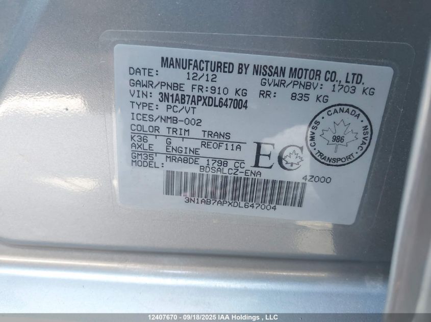 2013 Nissan Sentra 1.8 S/1.8 Sv VIN: 3N1AB7APXDL647004 Lot: 12407670