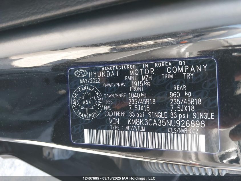 2022 Hyundai Kona N Line VIN: KM8K3CA35NU926898 Lot: 12407685