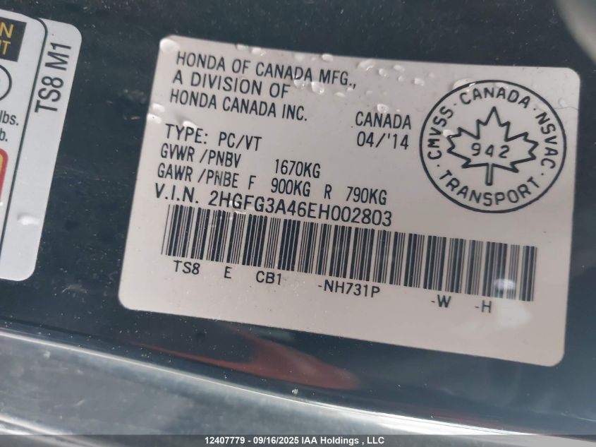 2014 Honda Civic Lx VIN: 2HGFG3A46EH002803 Lot: 12407779