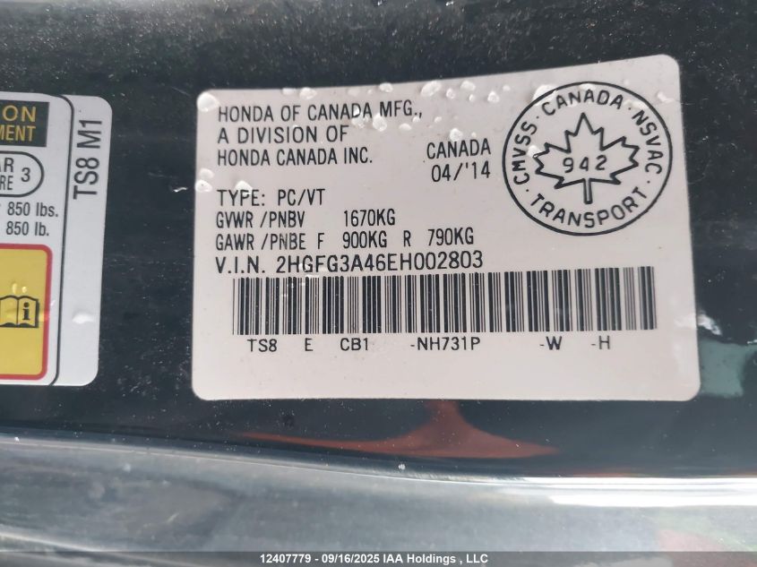 2014 Honda Civic Lx VIN: 2HGFG3A46EH002803 Lot: 12407779