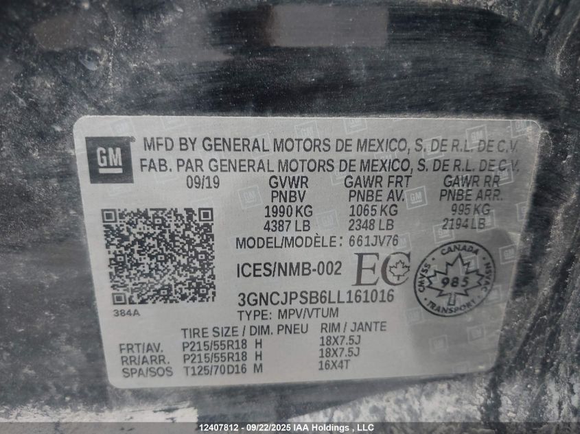 2020 Chevrolet Trax VIN: 3GNCJPSB6LL161016 Lot: 12407812