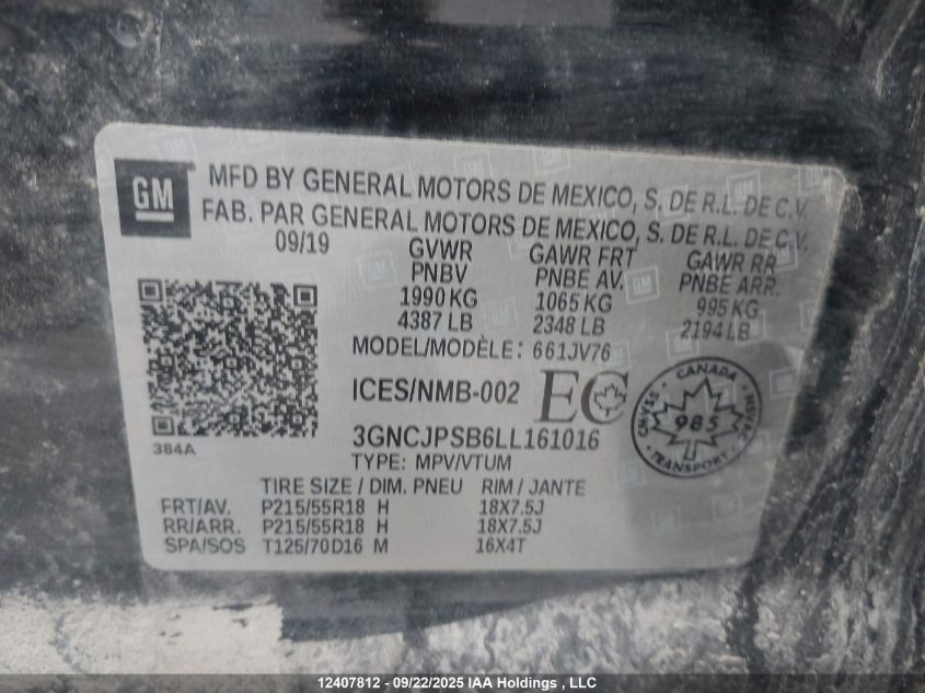 2020 Chevrolet Trax VIN: 3GNCJPSB6LL161016 Lot: 12407812