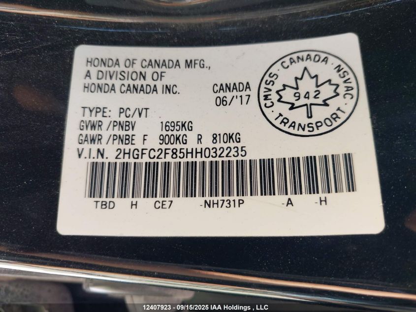 2017 Honda Civic Ex 4Dr VIN: 2HGFC2F85HH032235 Lot: 12407923